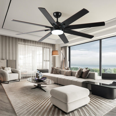 72 Inch Large Ceiling Fans With Lights And Remote, Indoor/Outdoor Black Modern Ceiling Fan For Kitchen Living Room Patio, 6 Speed Reversible Quiet DC Motor, Dual Finish 8 Blades