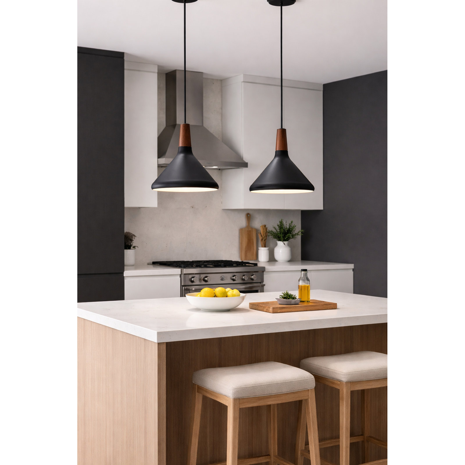 Drew 1 - Light Single Cone Pendant, Walnut/Black, 10.5" H x 7" W x 7" D