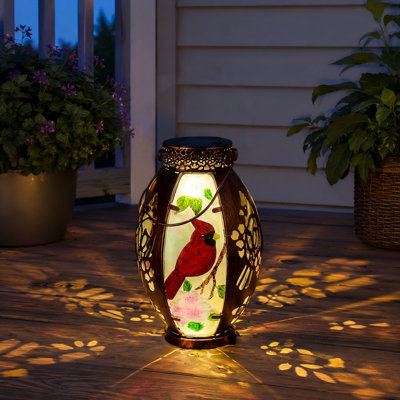 Lanterne solaire en verre coloré en métal Cardinal Bird, lumière décorative de table résistante aux intempéries pour cour, patio, jardin ou allée