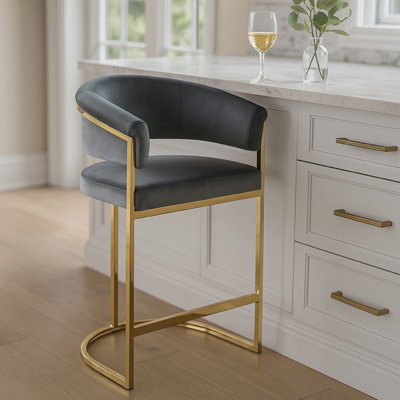 Dely Counter Height Chair,  Velvet With Gold Metal Sled Frame