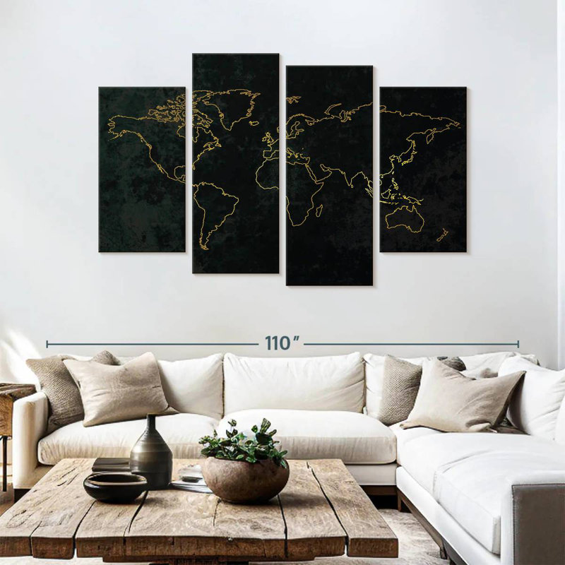 Aliaz Gold Outline World Map, 54" H x 84" W