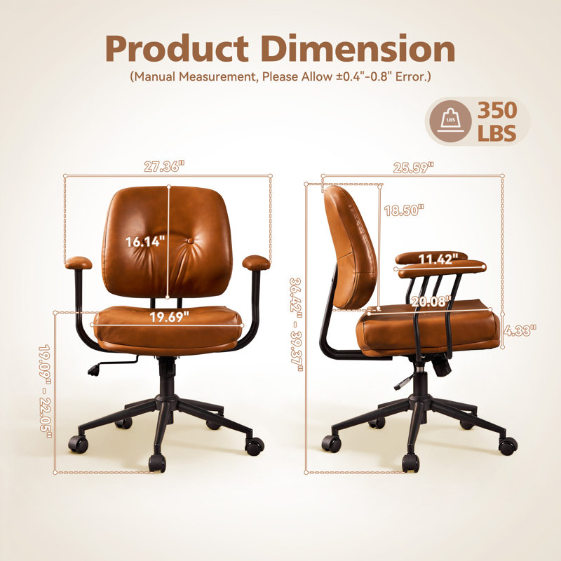Mid-century Faux Leather Office Chair With Arms, Adjustable Swivel Desk Chair For Home Office Or Vanity – Compact Ergonomic Task Chair