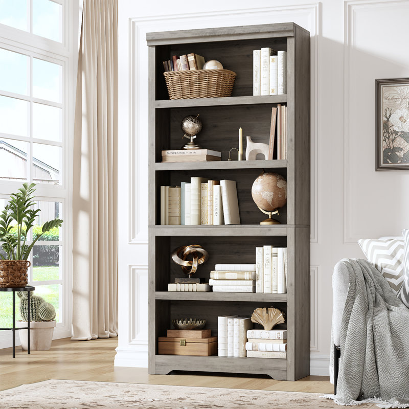 5-Tier Farmhouse Bookcase with Adjustable Shelves, Floor Standing Open Display Storage Rack, Anti-Slip Design, Gray
