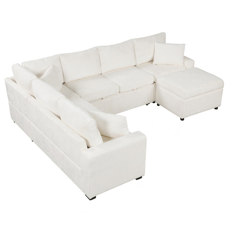 Canapé modulaire, canapé-lit escamotable, canapé-lit avec repose-pieds de rangement, canapé moderne, Crème, crème