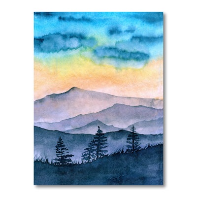 Paysage avec montagnes brumeuses au coucher du soleil - peinture sur toile