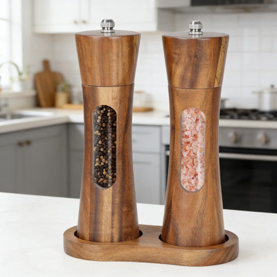 Ensemble de moulins à sel et à poivre en bois de qualité supérieure avec grosseur réglable, noyau de moulin en céramique et plateau de rangement - Moulin manuel rechargeable pour la cuisine et la salle à manger