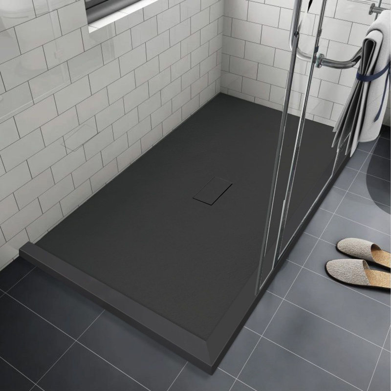 Transolid Trimslate 63-in x 40-in Shower Base with Adjustable Double Threshold and Center Drain, Black