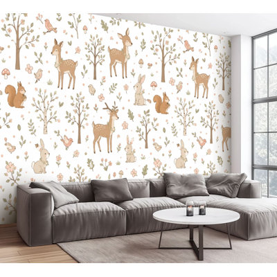 Papier peint adhésif peler et coller animaux de la forêt, arbres, cerfs, lapins, écureuils, pastel doux, papier autocollant amovible et amovible, contact mural pour salon Chambre à coucher H 100 po x l 144 po