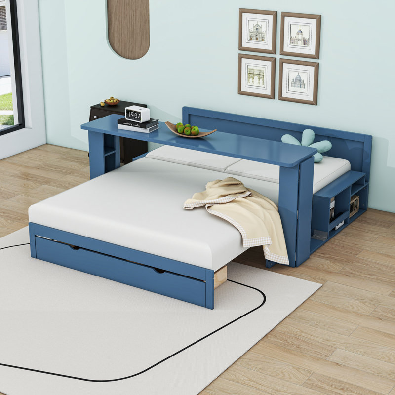 Lit de jour multifonctionnel avec tiroirs et bureau, tablettes, Bleu, Grand lit