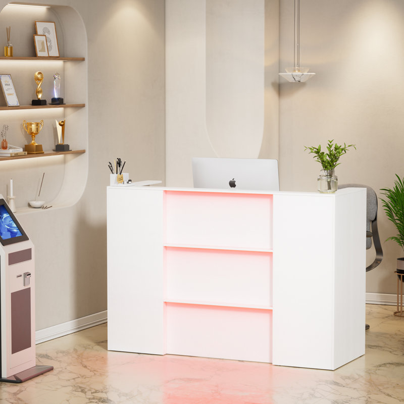 Corwynn 63'' W Rectangular Wood Reception Desk With Drawers And Cabinet, with LED Lights