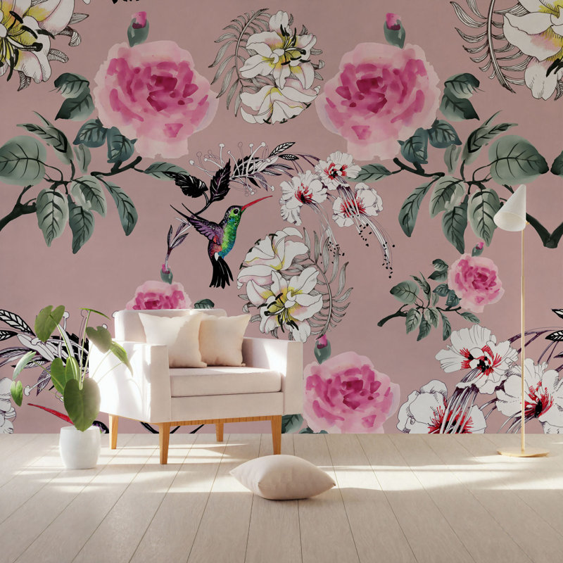Papier peint amovible vintage roses roses avec oiseaux de fleurs nostalgiques, L 114 po x l 204 po