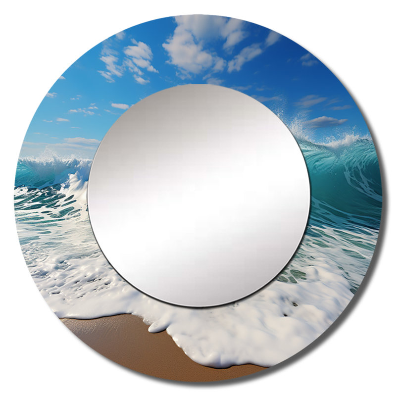 Turquoise Power Of Ocean Wave - Coastal Decorative Wall Mirror, Turquoise Round Mirror, Printed Metal Art, 36" x 36"