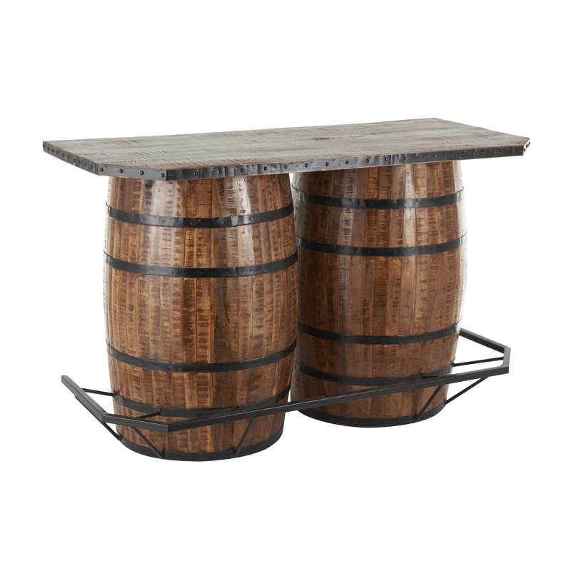 Cole And Grey Mango Wood Barrels Bar With Live Edge Tabletop And Black Metal Support