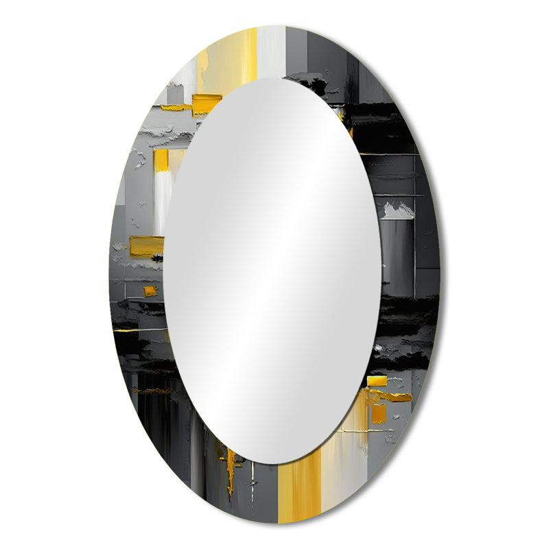 Abstract Geometric Black And Yellow V - Abstract Oval Decorative Mirror On Metal, 36" x 24"