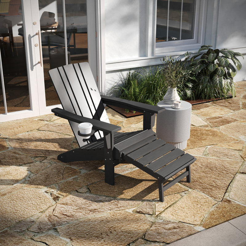 Collis All-Weather HDPE Indoor/Outdoor Adirondack Chair with Cup Holder and Pull Out Ottoman, Gray