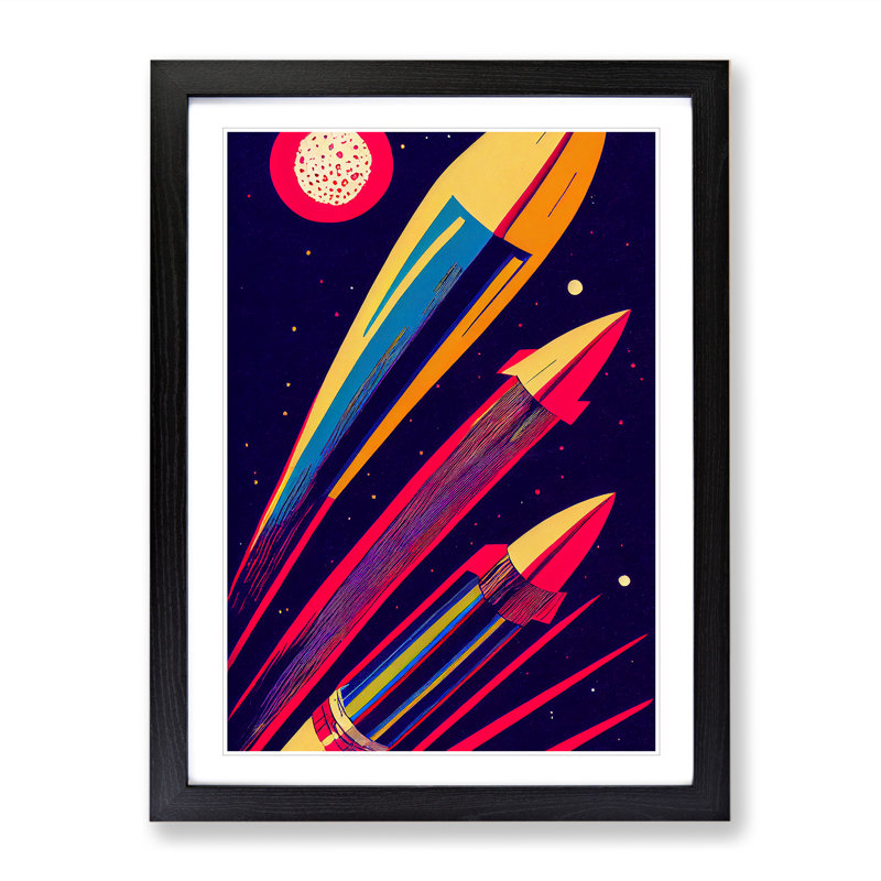XC1022-3775X Retro Art Spaceship Rockets 1 Piece Wall Art on Canvas, 34cm H x 25cm W x 3cm D, Black Framed