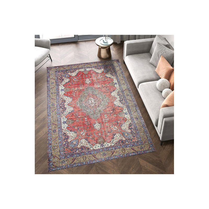 Tapis rouge lavable à motif traditionnel rouge, Sous-tapis rectangulaire de 3 pi 3 po x 4 pi 11 po