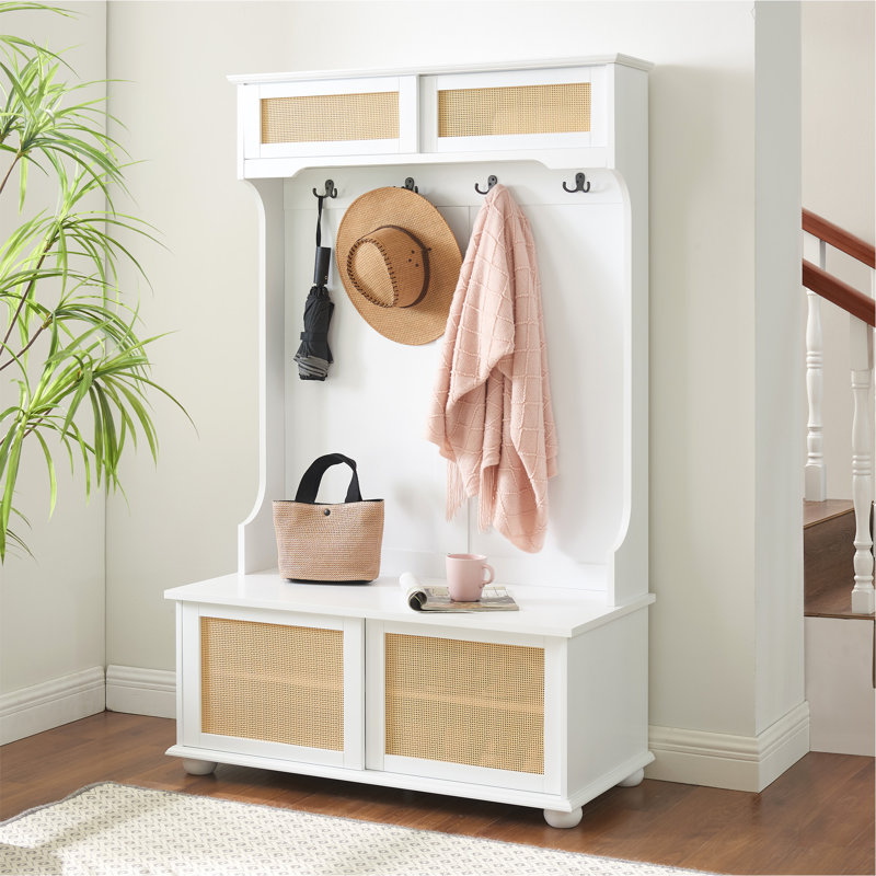 Versatile Hall Tree Shoe Rack With Rattan Door For Entryway Organization, White
