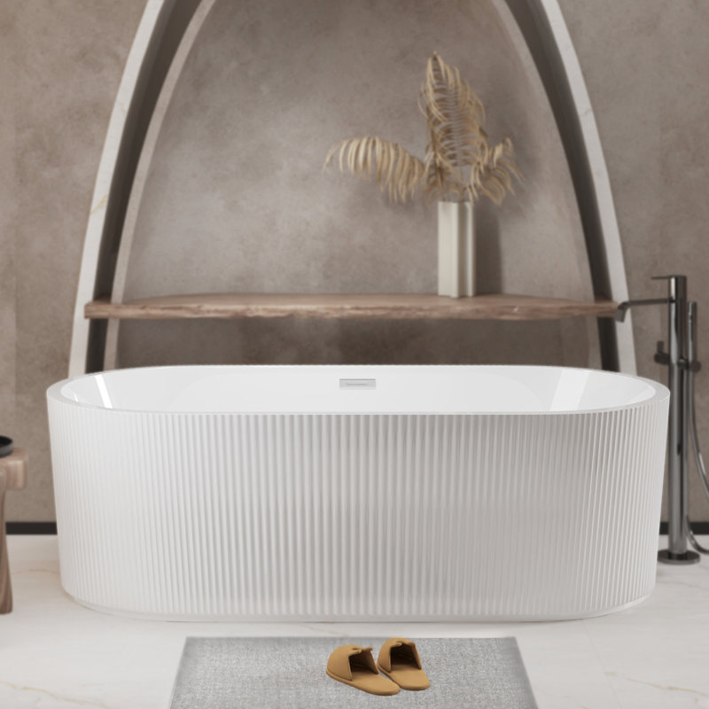 59"Linear Acrylicfreestanding Bathtub Stand Alone Soaker Tub, Glossy White Acrylic, POP-UP Chrome Drain, Cupc Certified