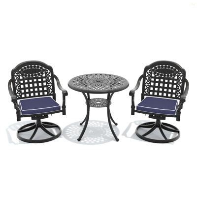 Ensemble de salle à manger 3 pièces en aluminium coulé toutes saisons comprenant 2 chaises pivotantes et une table ronde de 30,71 po avec structure noire