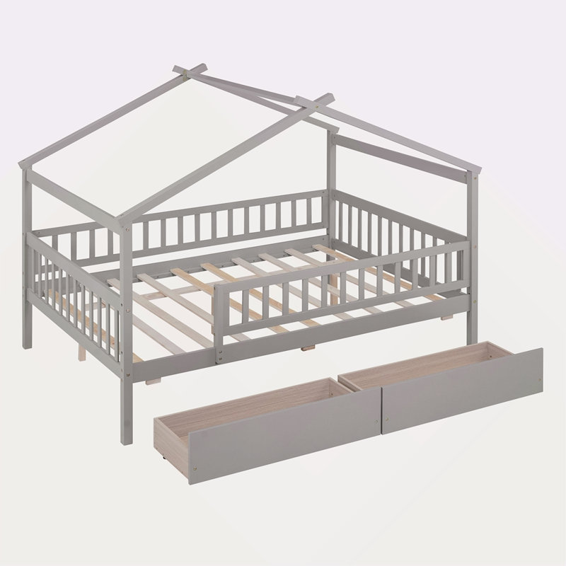 Lit double en bois avec deux tiroirs, Gris