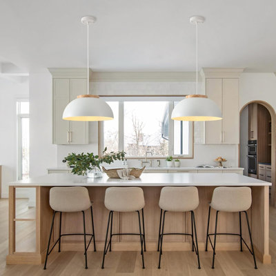 2-Light 15.7" White Pendant Light with Wooden Accent for Kitchen Island & Dining Room
