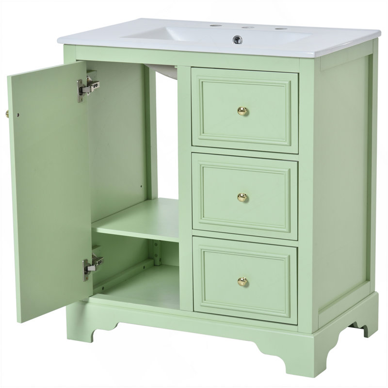 Armoire de meuble-lavabo 30 po avec lavabo en céramique, 3 tiroirs et tablettes réglables