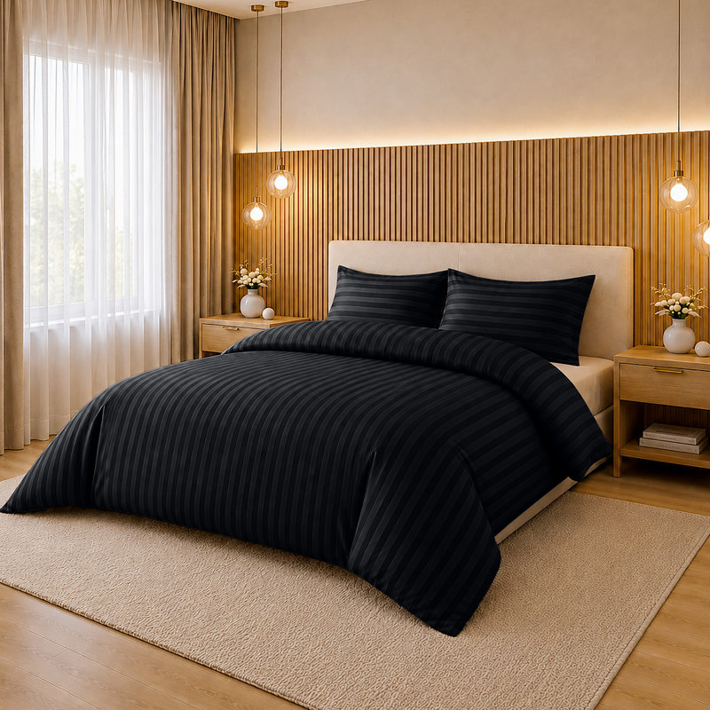 Microfiber Striped Duvet Cover Set with Pillowcases Included, King Duvet Cover Set + 2 Standard Pillowcases, Black