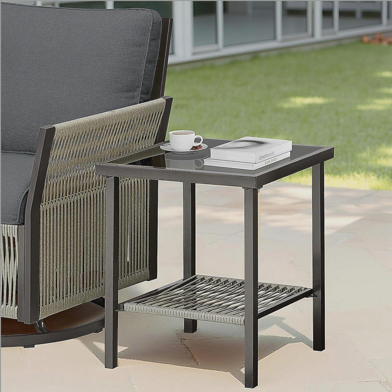 Outdoor Wicker Side Table, 22x18x18 inch All Weather Rattan Small Patio Table Square End Table for Pool Balcony Deck Porch Lawn Backyard, Dark Gray