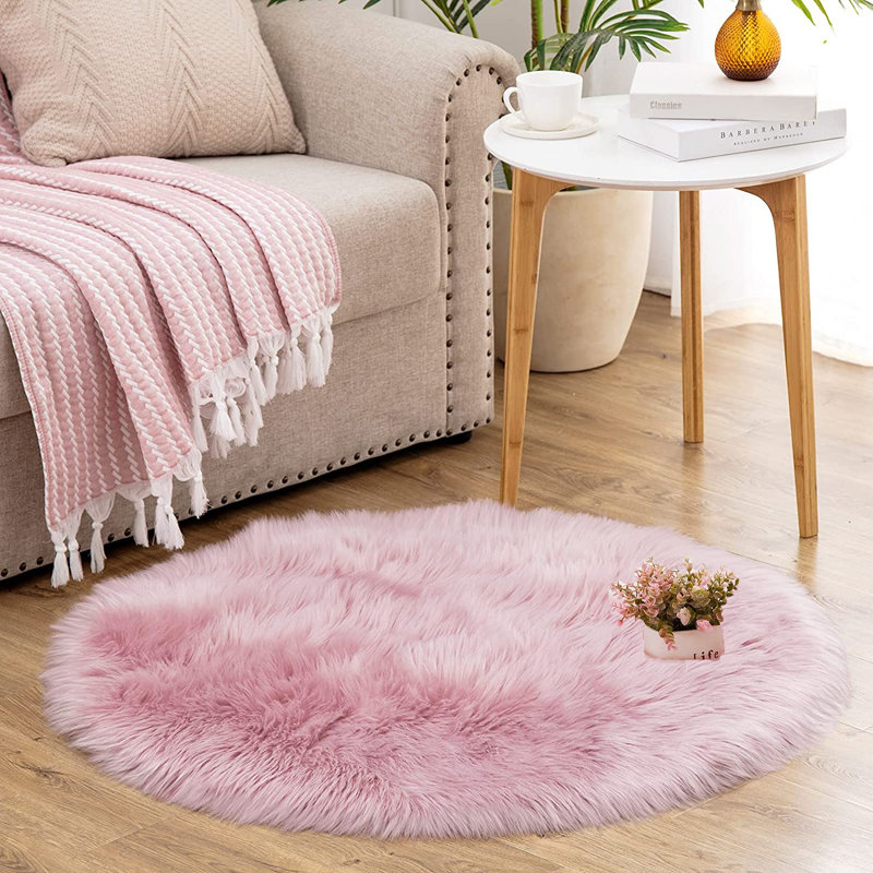Tapis rose à poils longs Dosie, Rond 4 pi