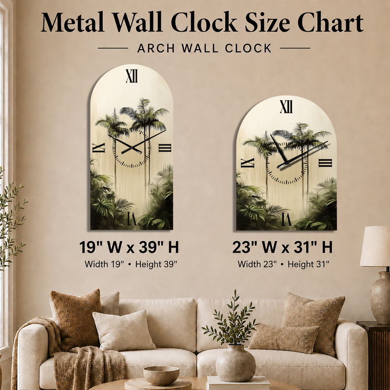 Palmiers verts dans la forêt tropicale I - Horloge murale en métal à l'arche côtière, H 39 po x l 19 po - Arche