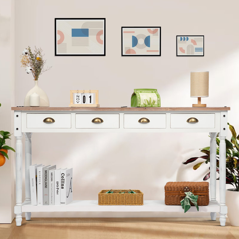 Console rustique en bois massif Dala de 60 po avec 4 tiroirs et rangement Dala, Plateau brun / structure blanche