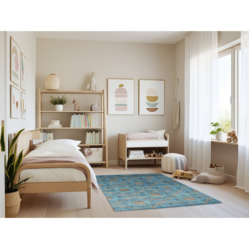 Tapis de zone bleu contemporain, Rectangle 3 pi x 5 pi