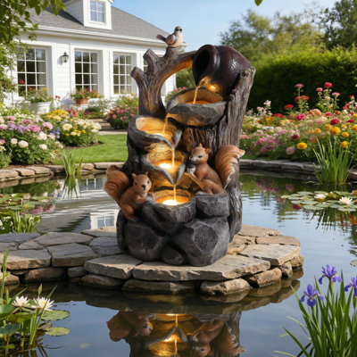 Squirrel Design Outdoor Water Fountain with LED Lights & Cascading Waterfall, Resin Garden Fountain with Climbing Bear Design for Patio Yard Balcony