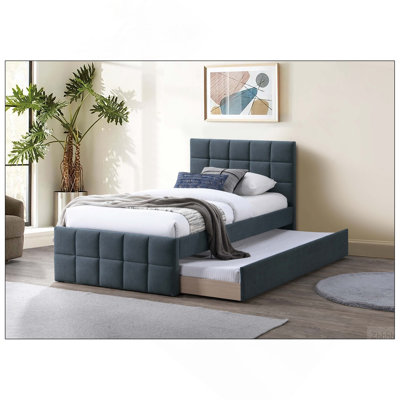 Contemporary Style 1pc Full Size Bed w/ Trundle Upholstered Headboard And Footboard Grid Pattern Charcoal Finish Bedroom Furniture