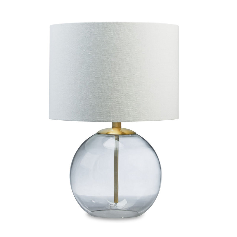 Lampe de table 21 pouces, abat-jour tambour blanc, base ronde en verre transparent, métal laiton