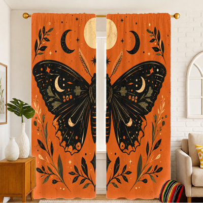 2Pcs Mystic Butterfly Curtains, Boho Celestial Moon and Stars Pattern, Vintage Aesthetic Window Drapes for Living Room Bedroom Balcony Kitchen Home Decor