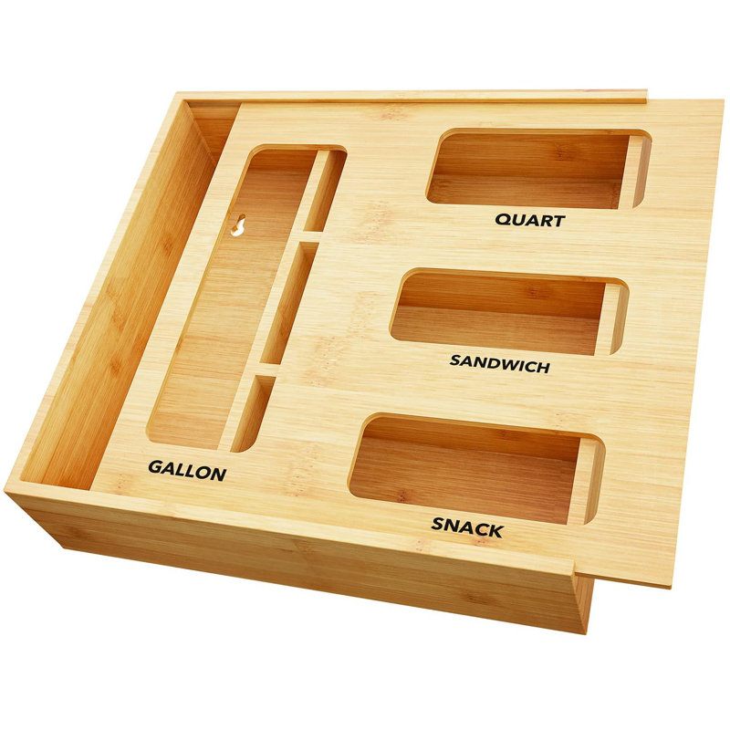 Organisateur de rangement de sac pour tiroir de cuisine, organisateur en bambou, compatible avec des sacs de tailles variées (1 boîte et 4 fentes)