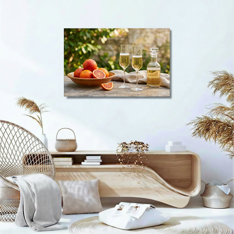 Oranges sanguines et flûtes à champagne sur une table en bois, art mural, H 12 po x l 18 po