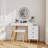 31" Glass-Top Vanity – 3-Color LED Mirror, Slide-Out Side Table, 5 Deep Drawers, USB-Powered Lights, Faux-Leather Stool, Modern White Finish