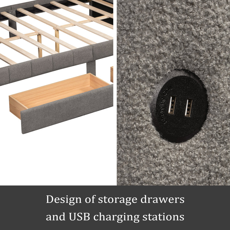 Grand lit plateforme tapissier avec port USB et 2 tiroirs, Gris