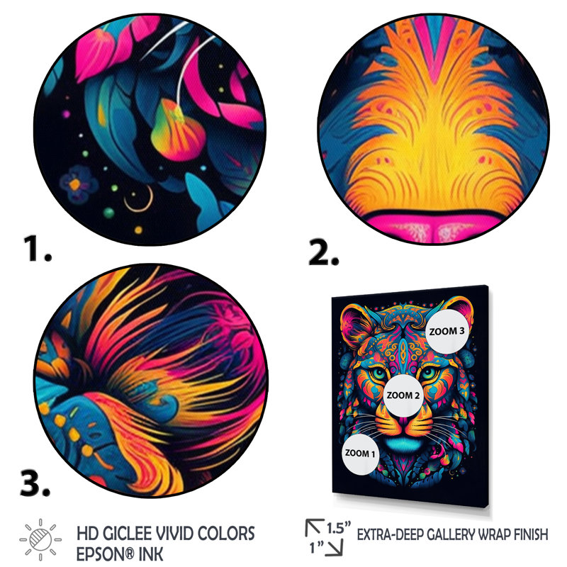 «Neon Portrait of Wild Tiger I - Animal Lion», art mural sur toile, Cadre simple argenté, H 20 po x l 12 po x P 1 po