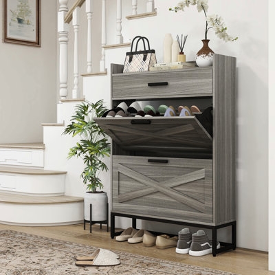 Grande armoire à chaussures avec 2 tiroirs rabattables et base stable, tiroir supérieur industriel gris, peut contenir jusqu'à 12 paires
