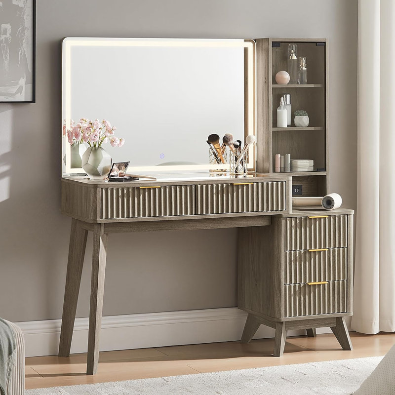 Carsin 48" Fluted Makeup Vanity Desk with 36" Big Lighted Mirror, Wood Bedroom Vanity with Lights & Glass Top, Charging Station