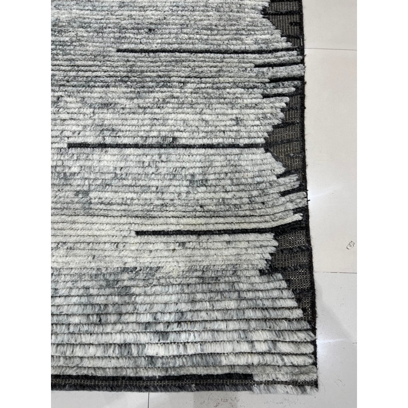 Gray Hand-Knotted Wool Striated Horizon Geometric Modern Contemporary Carpet Rug, 9' x 12'