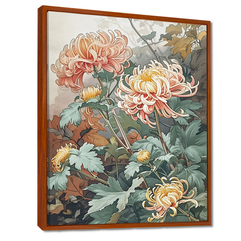 Blooming Pink Chrysanthemums Retro Illustration - Chrysanthemums, art mural, H 32 po x l 16 po x P 1 po