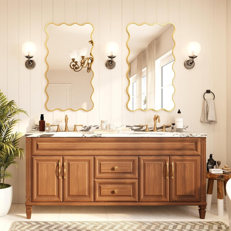 Miroir mural festonné doré 26 po x 48 po - Miroir décoratif à bords ondulés avec feuille d'or appliquée à la main pour chambre et salon