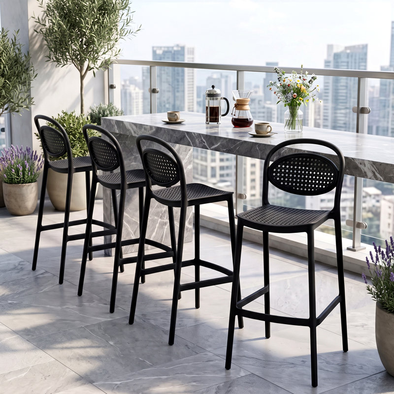Tabouret de bar empilable de 76 cm (29,9 po), tabouret de comptoir en plastique résistant aux intempéries, sans assemblage, avec dossier et assise imitation rotin pour une utilisation intérieure et extérieure.
