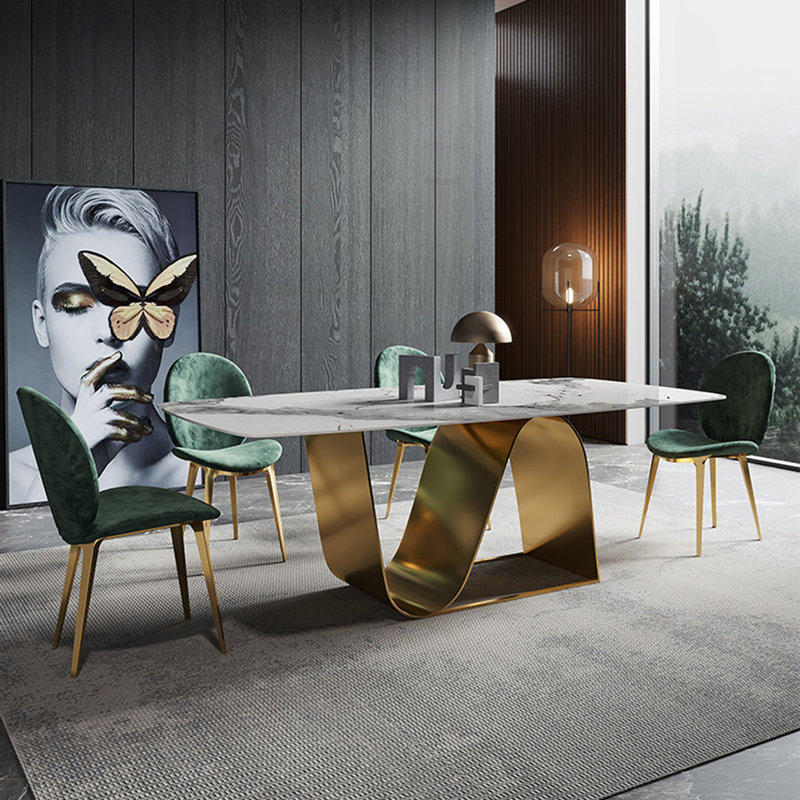 Ensemble de salle à manger rectangulaire, H 29,53 po x L 86,61 po x l 43,31 po, 9 pièces : table, 8 chaises, White/Gold