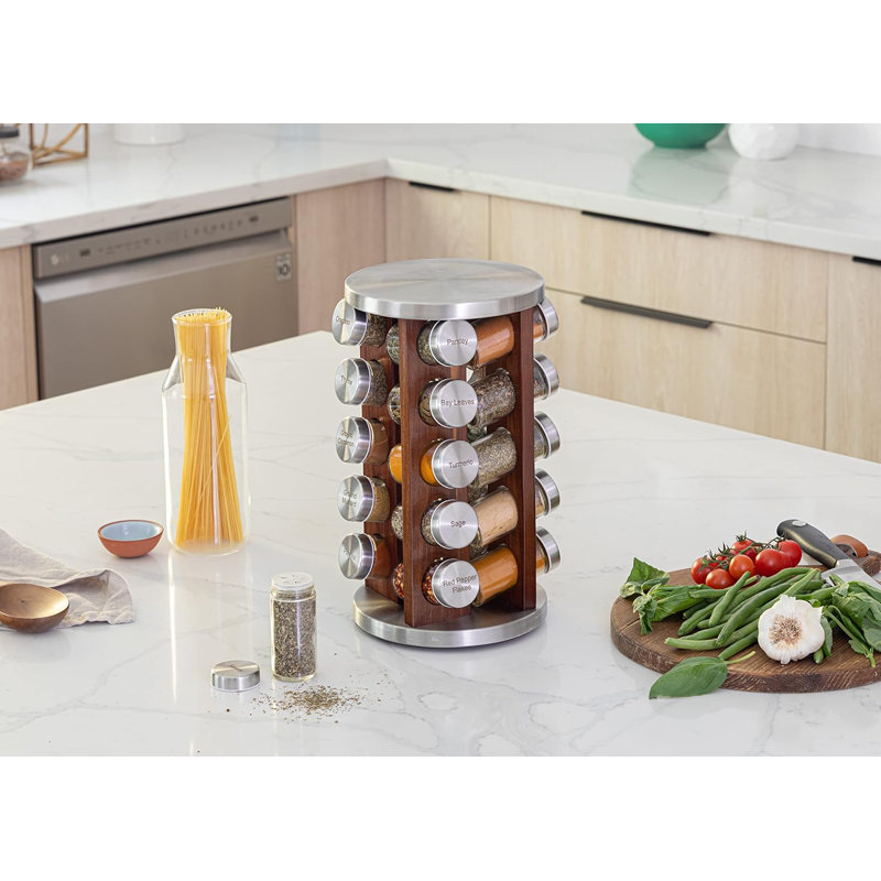 20 Jar Dark Wood Spice Rack with Spices Included Rotating Tower Organizer